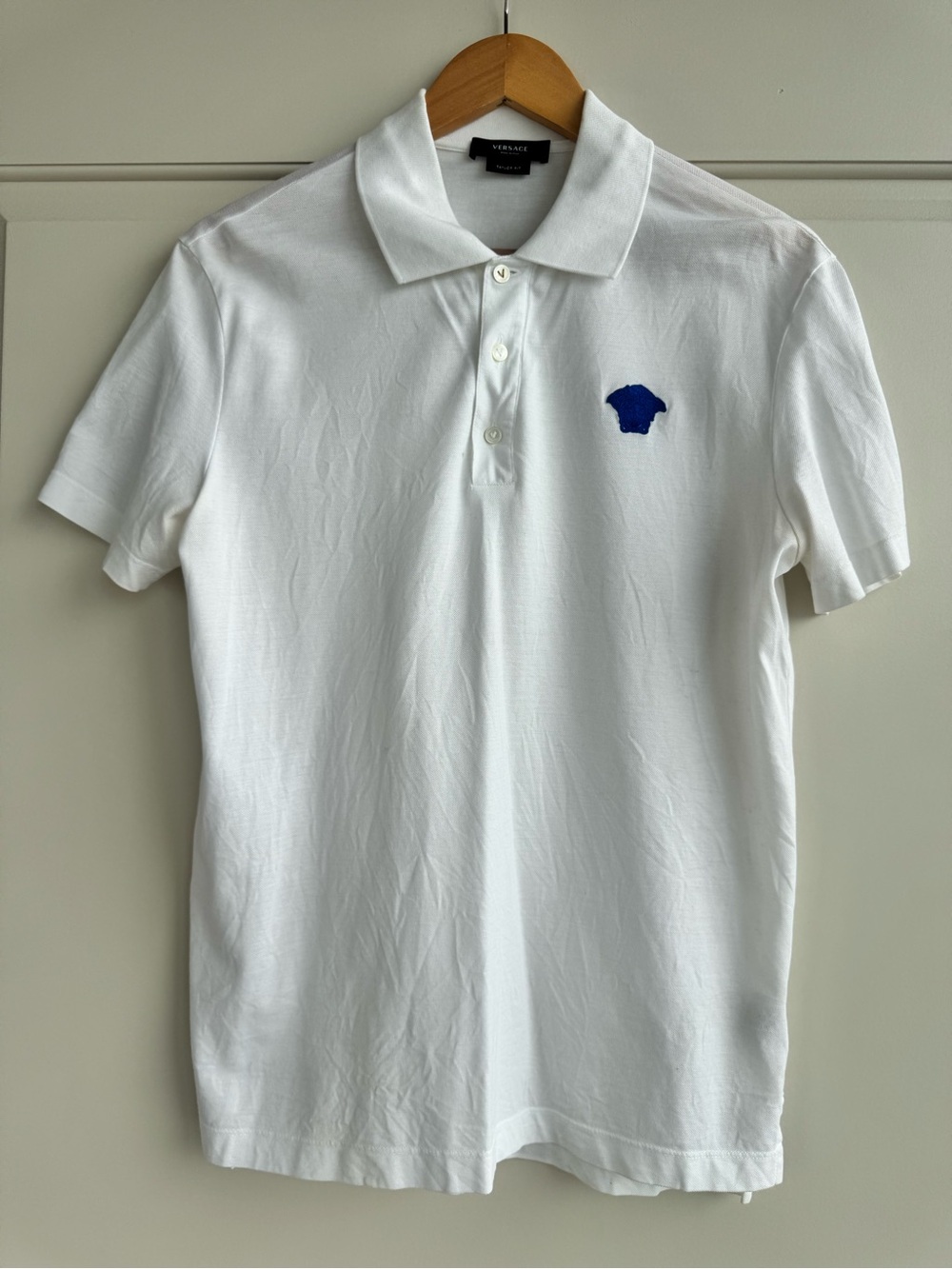 Versace White Polo with Blue Medusa Patch
